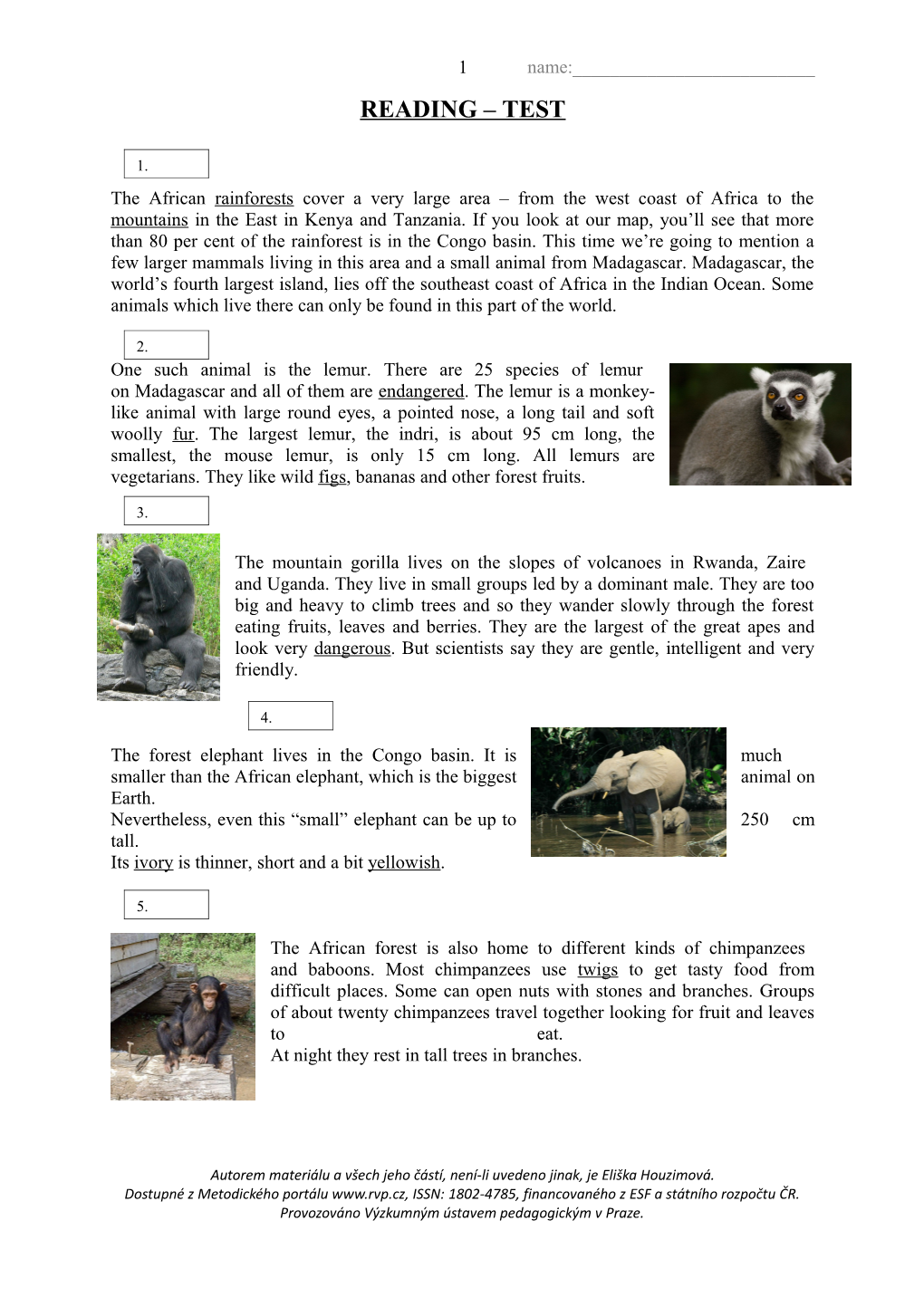 Wild Animals - Testing Reading Comprehension