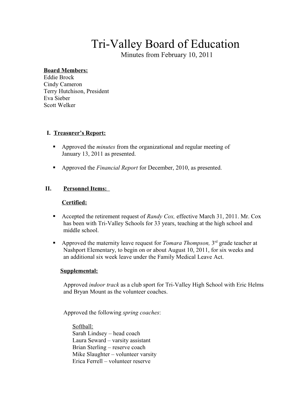 Tri-Valley Board of Education Agenda February 10, 2011