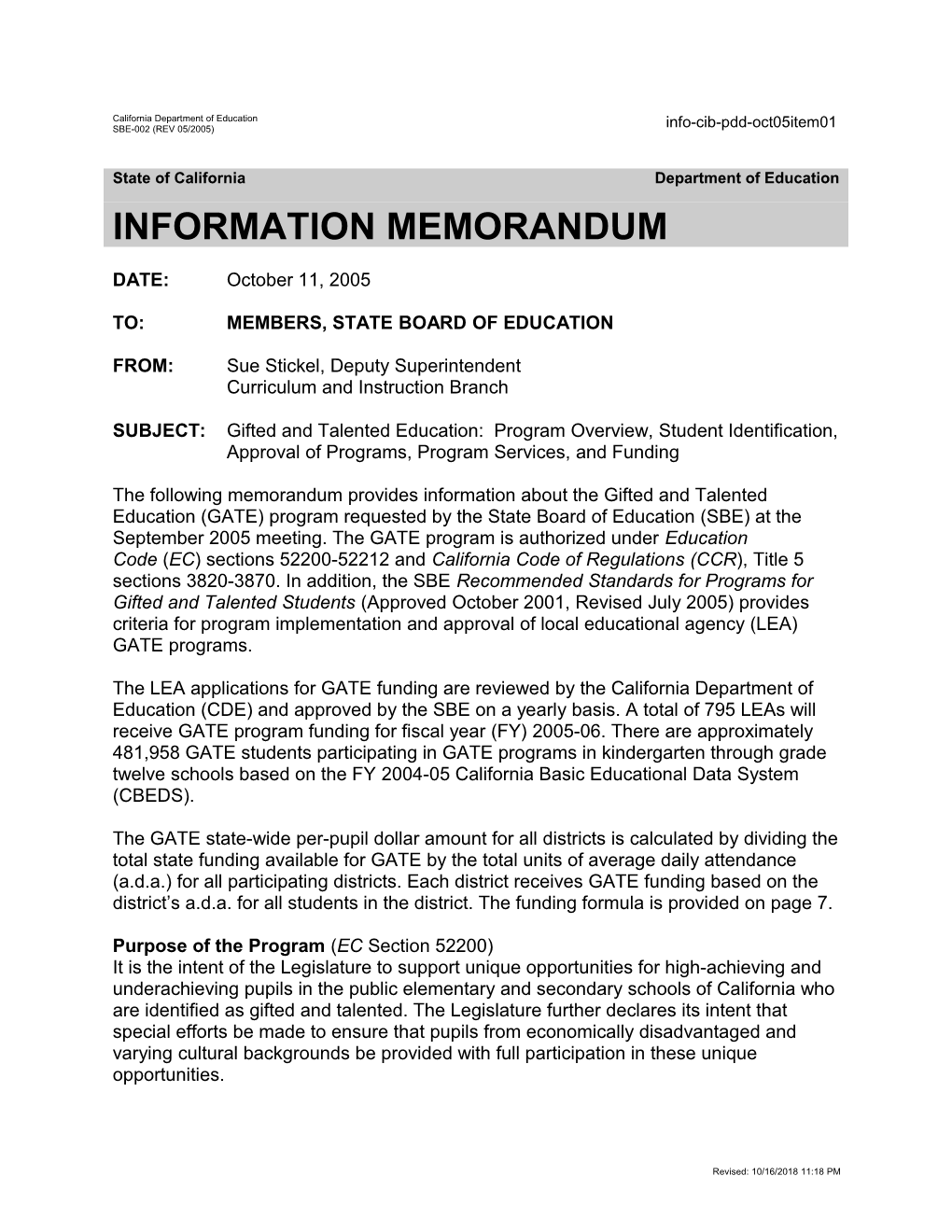 October 2005 PDD Agenda Item 1 - Information Memorandum (CA State Board of Education)