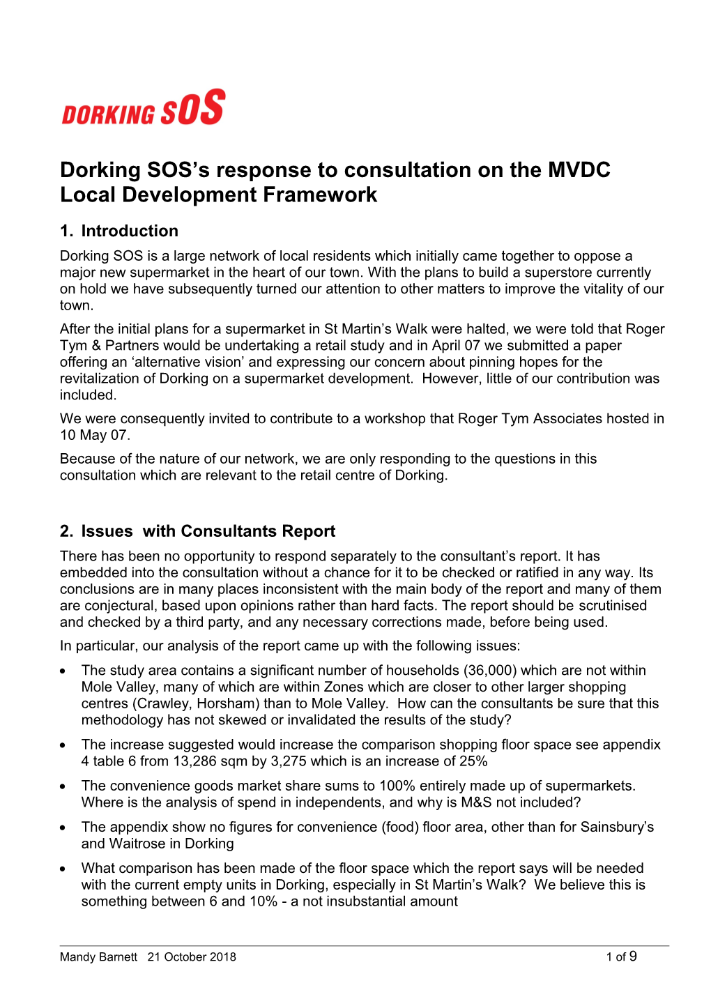 Dorking SOS S Response to Consultation on the MVDC Local Development Framework