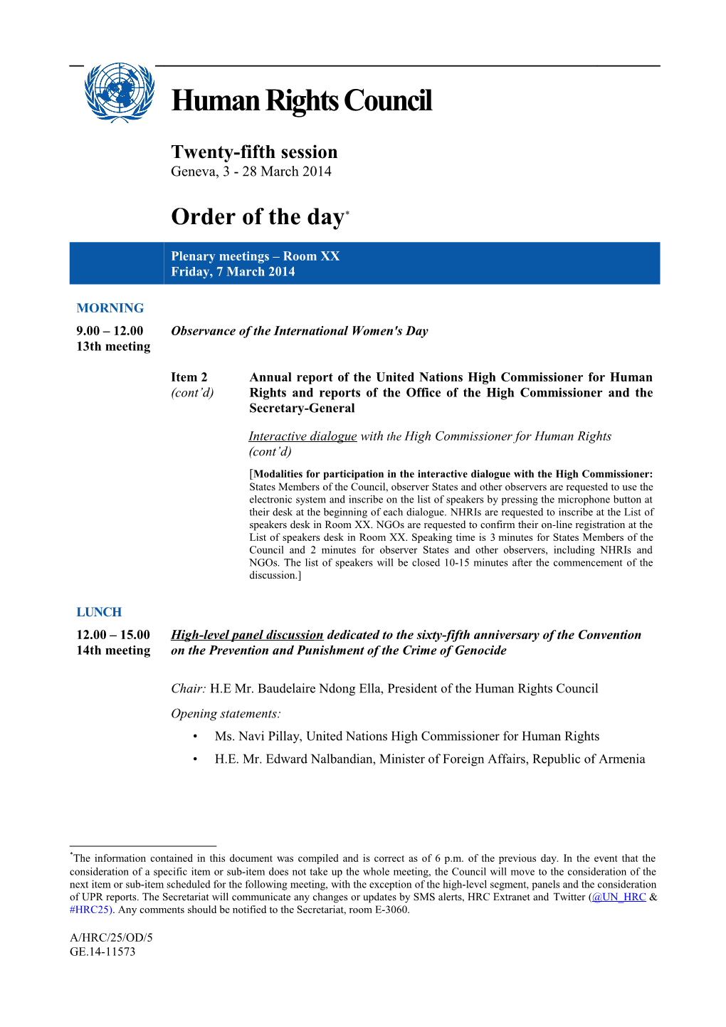 Order of the Day, 7 March 2014