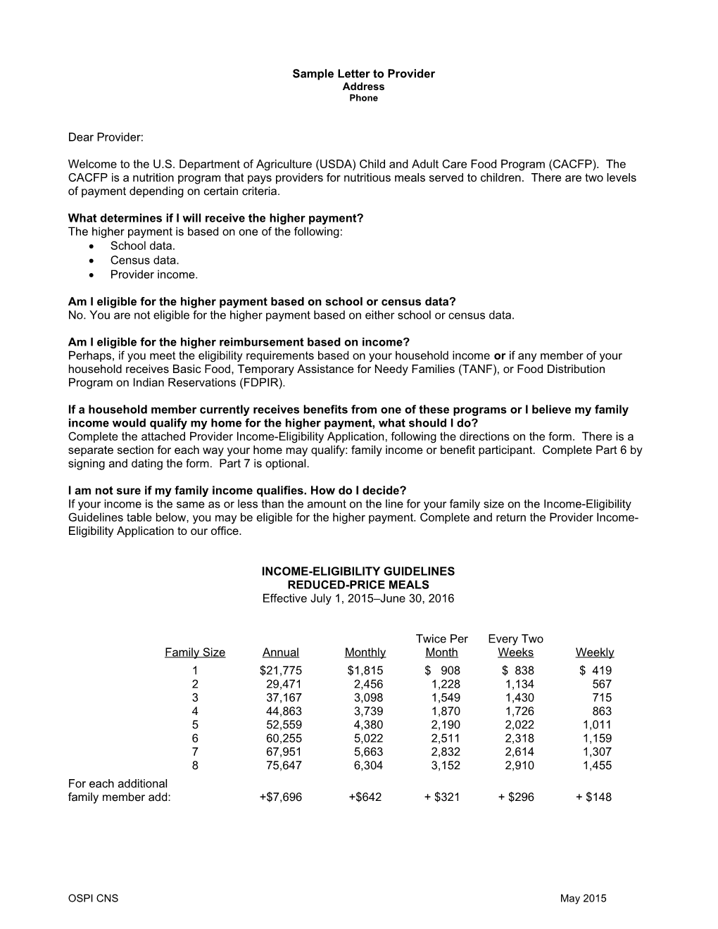 Sample Letter for Tier I Eligibility by Provider Income