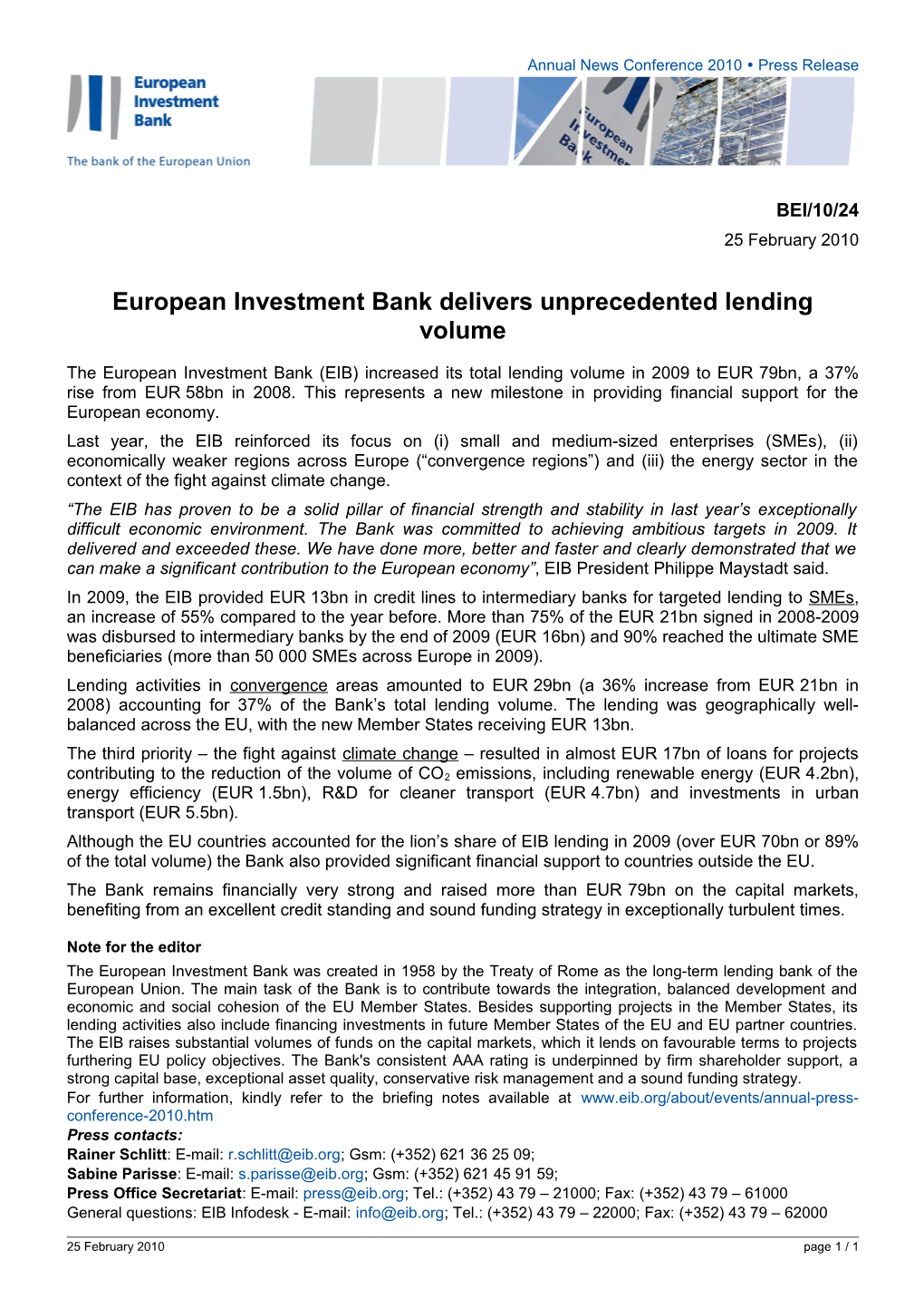 European Investment Bank Delivers Unprecedented Lending Volume