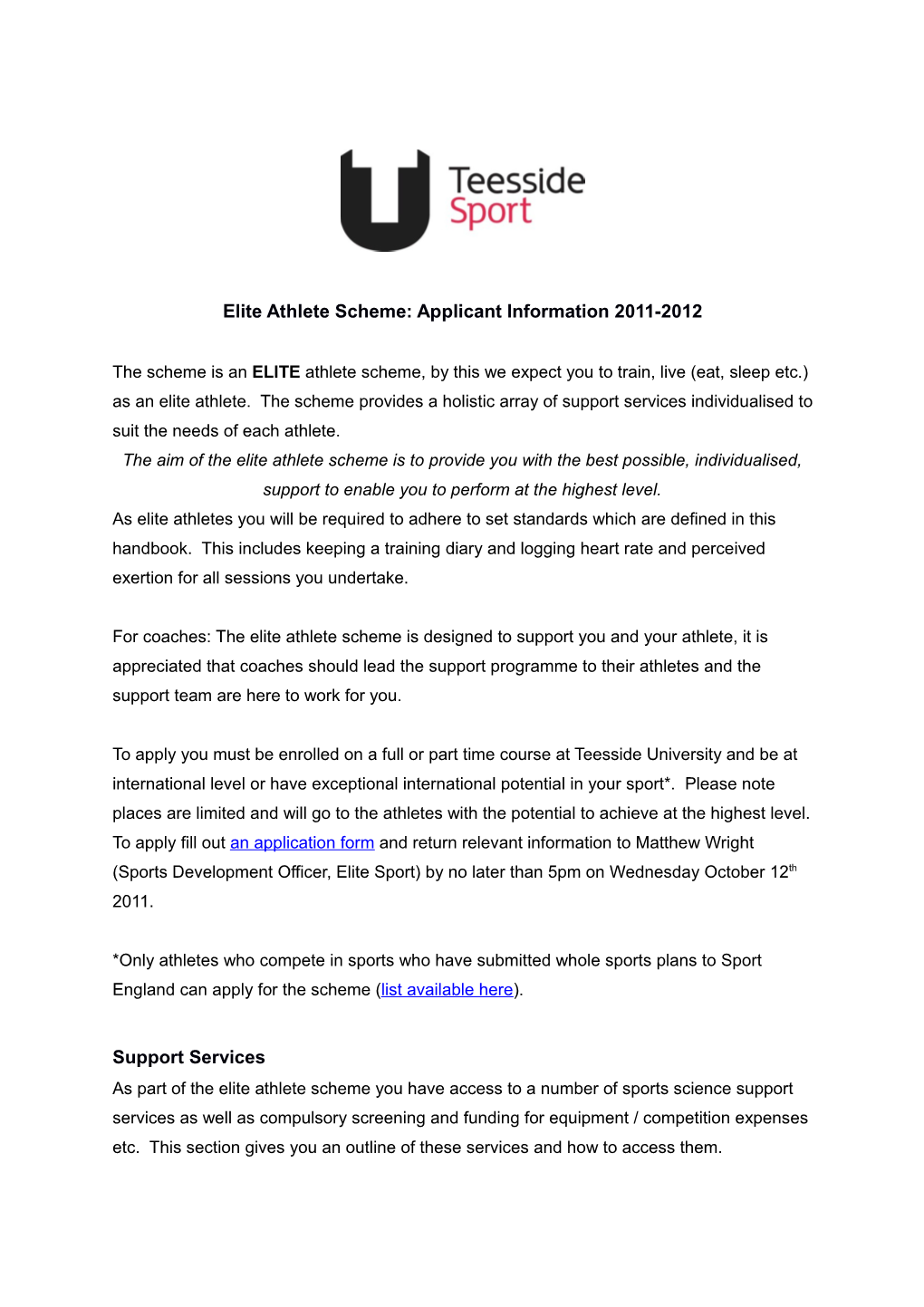 Elite Athlete Scheme: Applicant Information 2011-2012