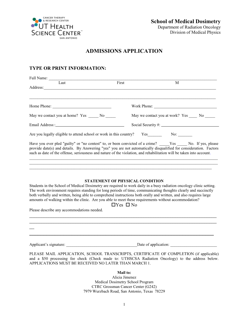 Admissions Application For