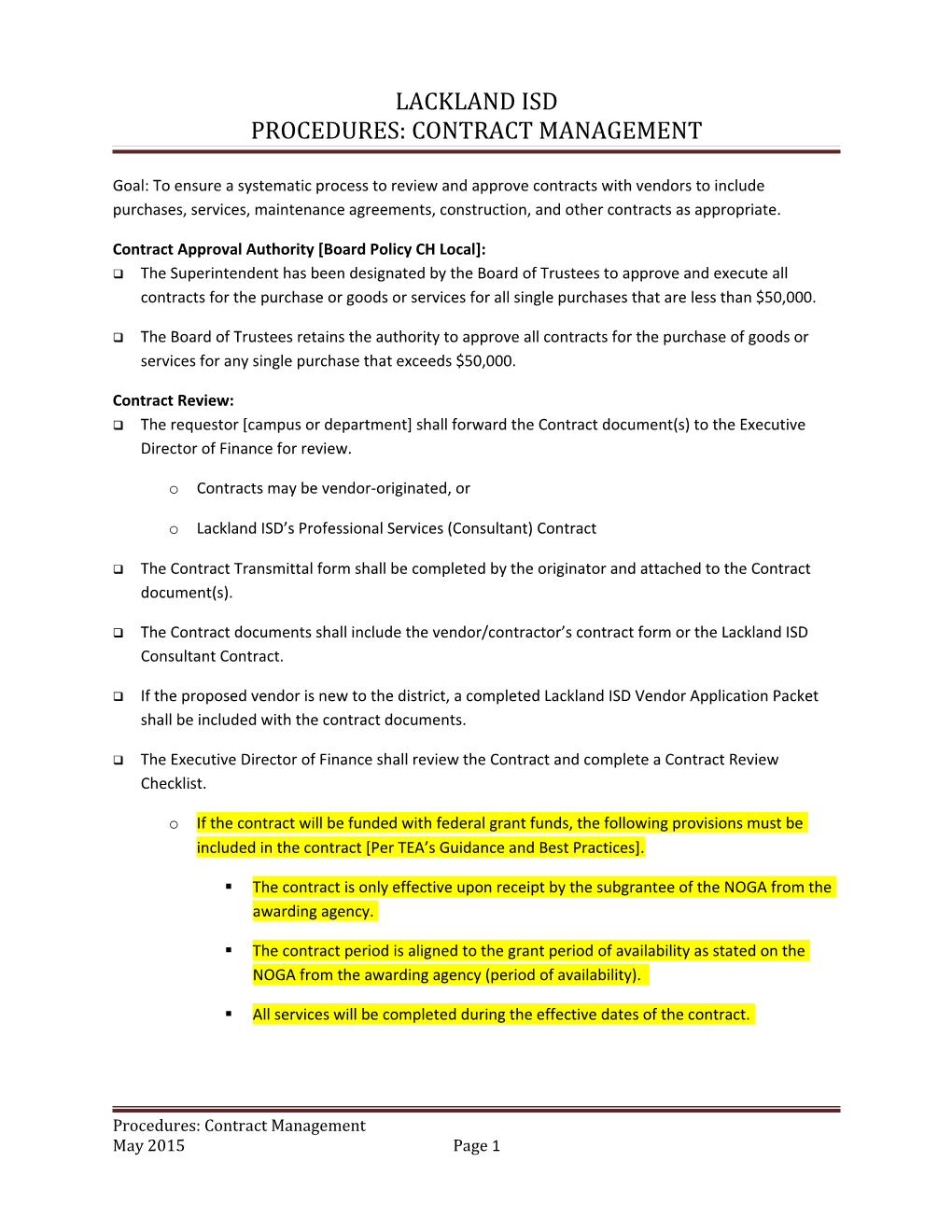 Lackland Isd Procedures: Contract Management