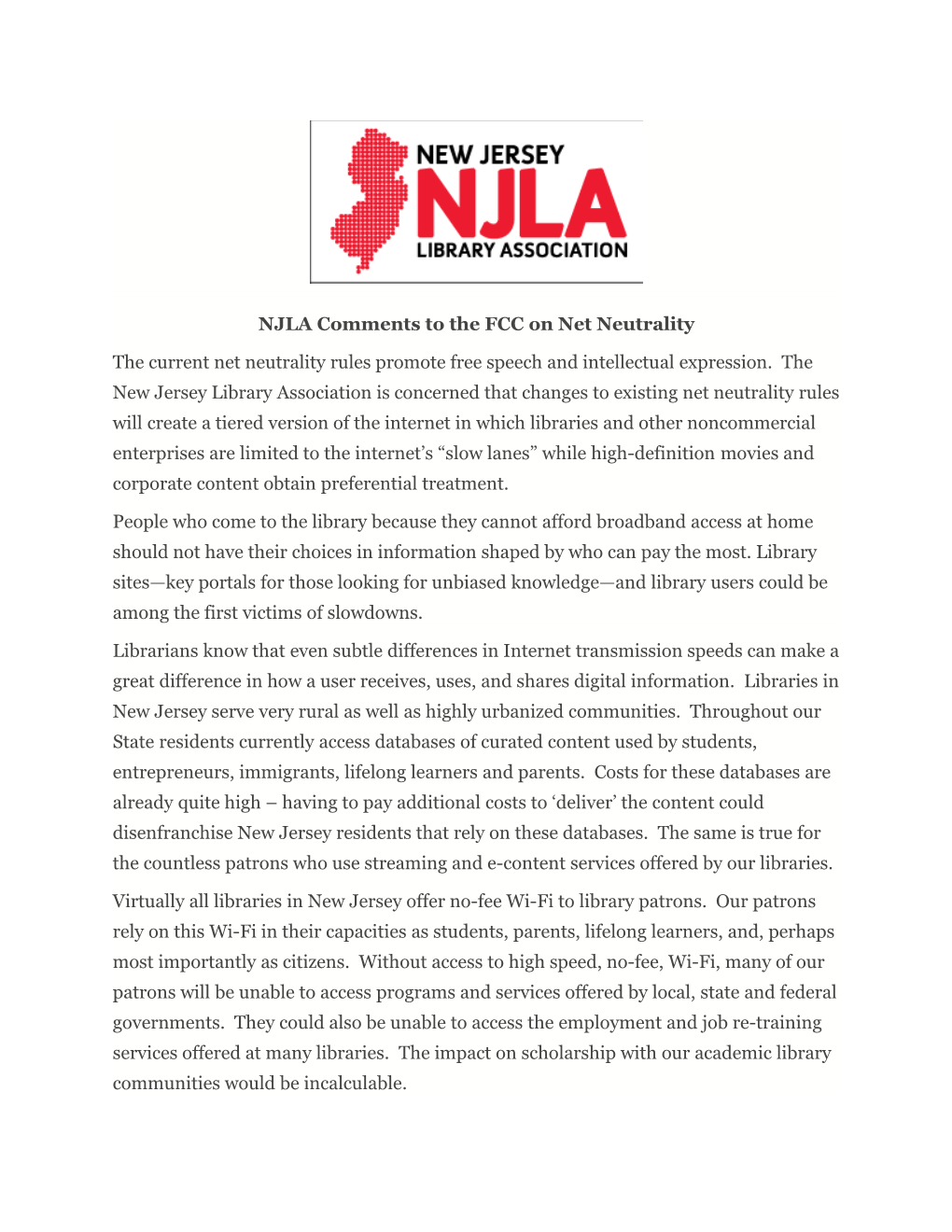 NJLA Comments to the FCC on Net Neutrality