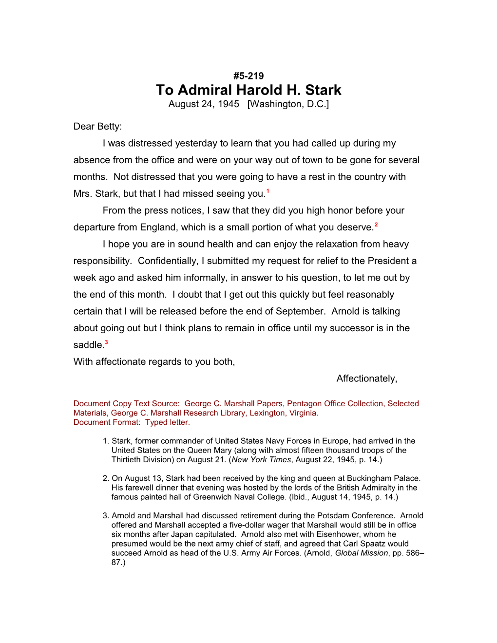 To Admiral Harold H. Stark