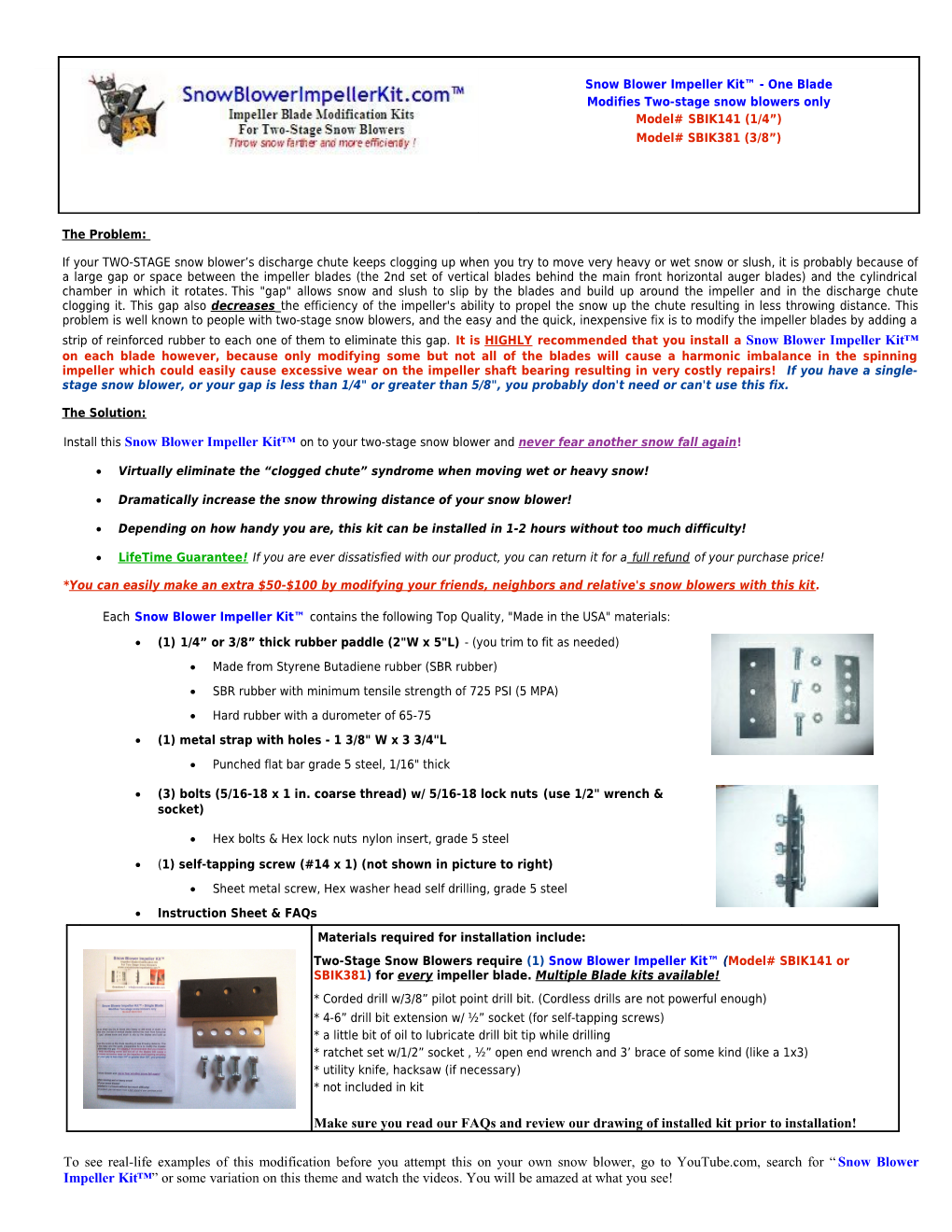 Snowblower Impeller Modification Kit