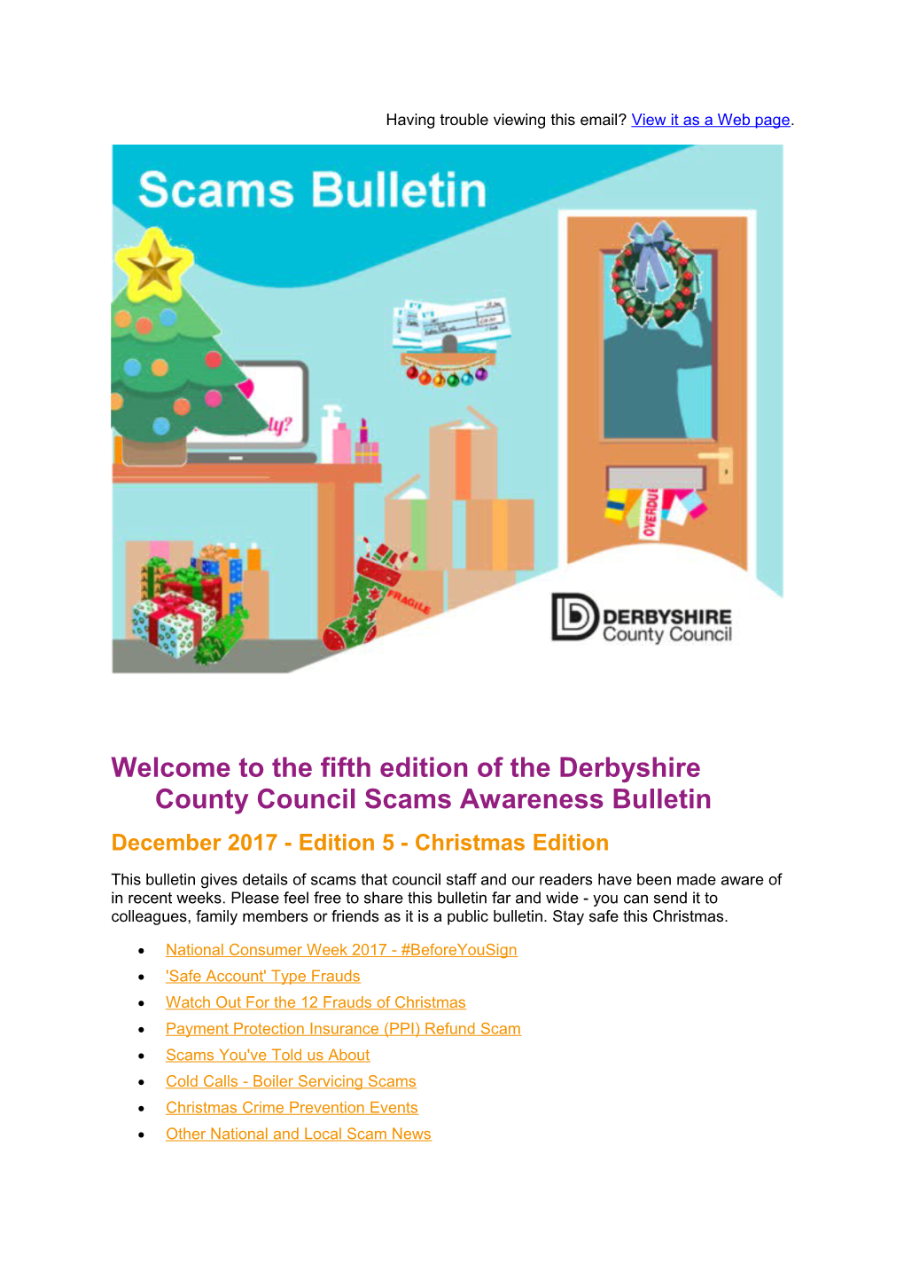 Welcome to the Fifth Edition of the Derbyshire County Council Scams Awareness Bulletin