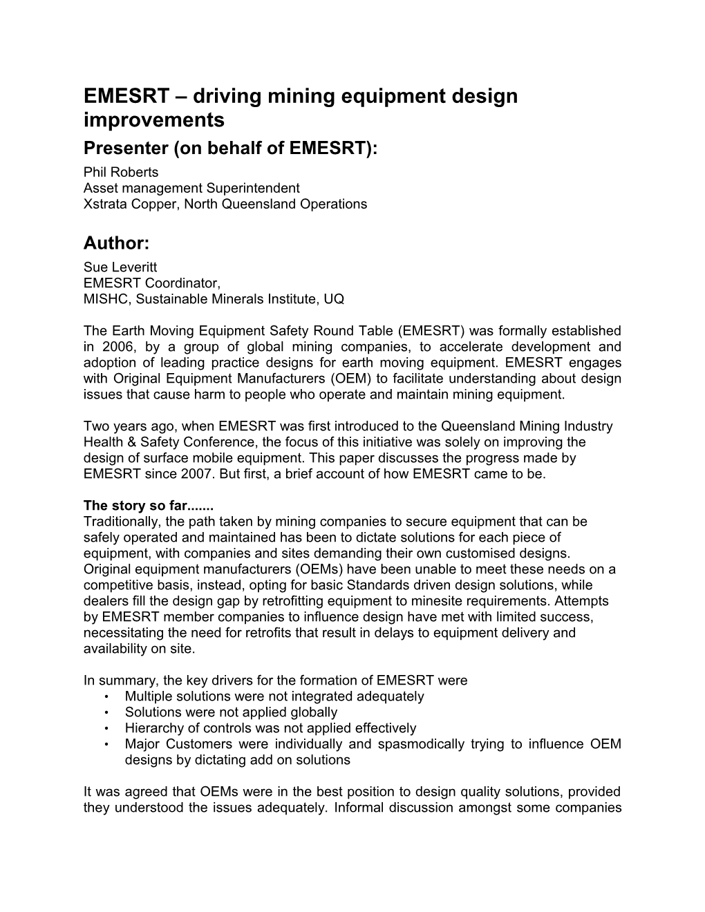 EMESRT Driving Mining Equipment Design Improvements