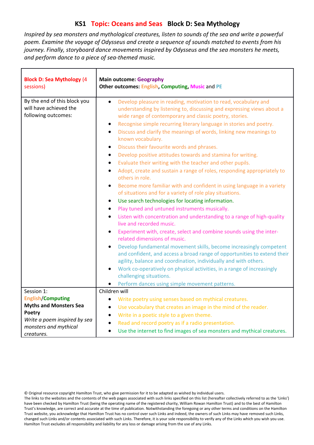 KS1 Topic:Oceans and Seas Block D: Sea Mythology