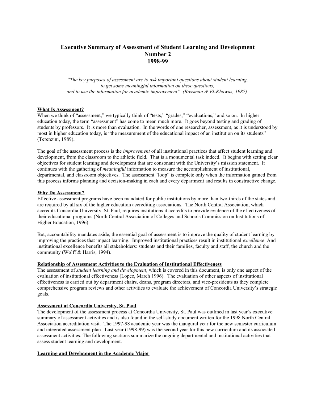 Executive Summary of Assessment of Student Learning and Development