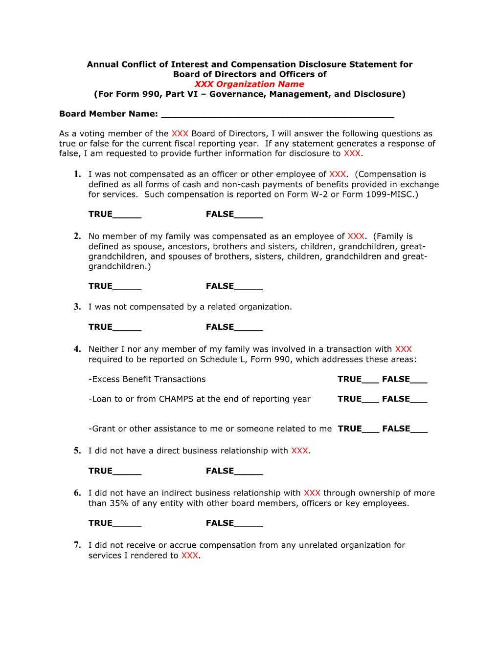 Annual Conflict of Interest and Compensation Disclosure Statement For