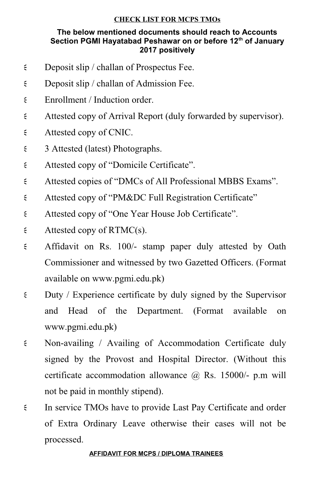 Check List for MCPS Tmos