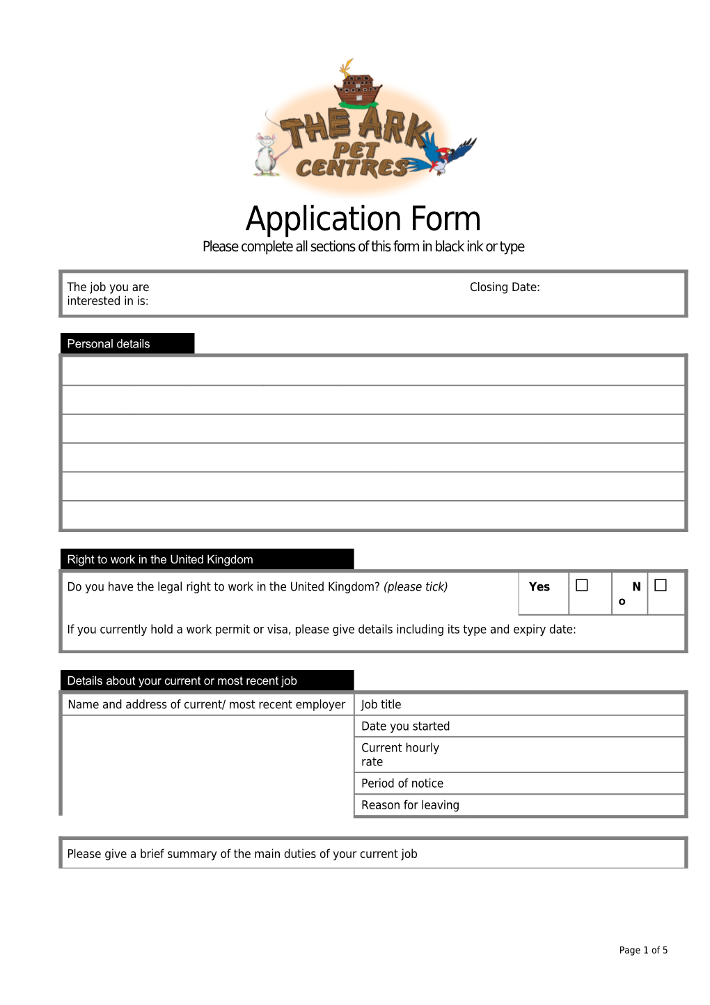 Please Complete All Sections of This Form in Black Ink Or Type