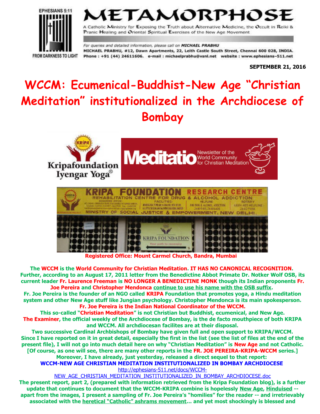 WCCM: Ecumenical-Buddhist-New Age Christian Meditation Institutionalized in the Archdiocese
