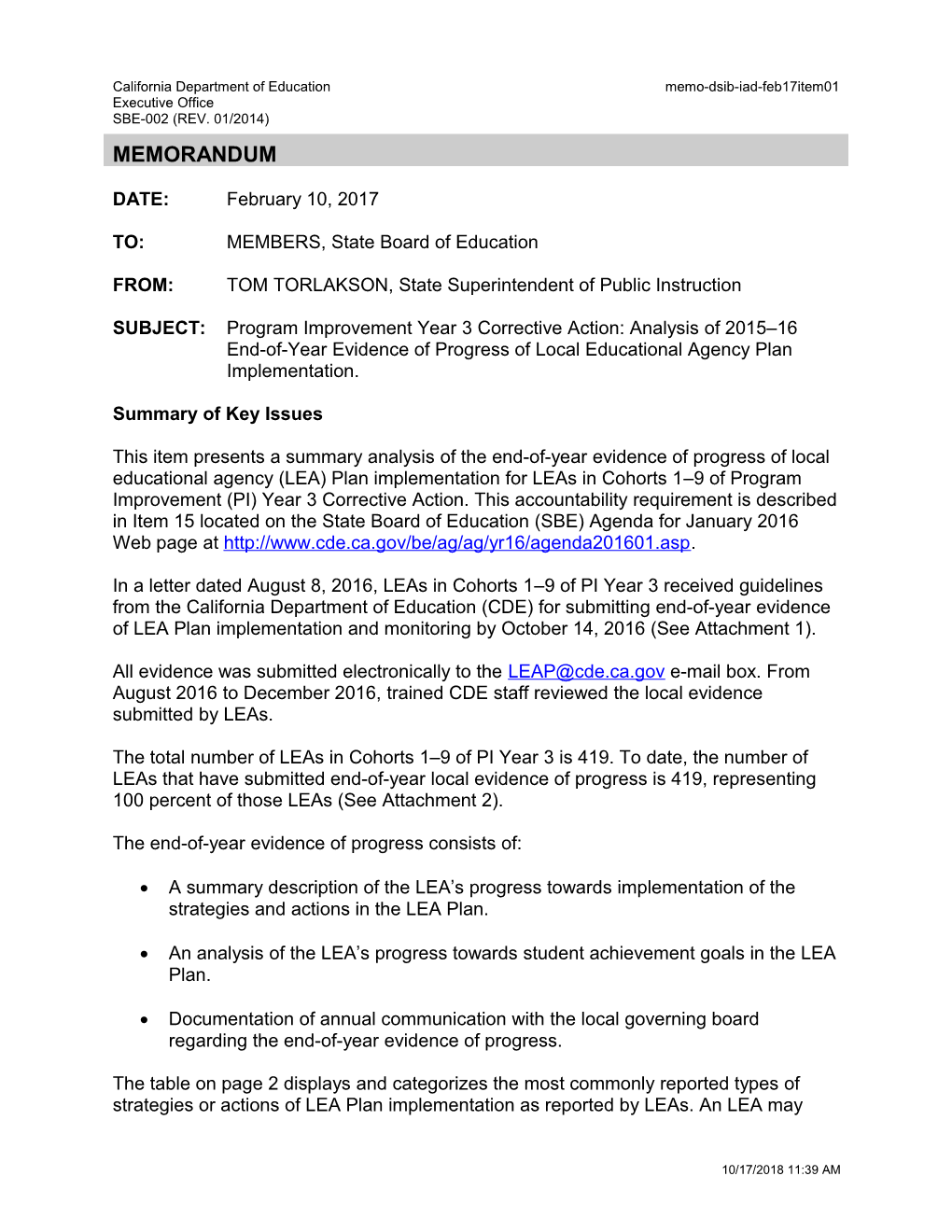 February 2017 Memorandum IAD Item 01 - Information Memorandum (CA State Board of Education)