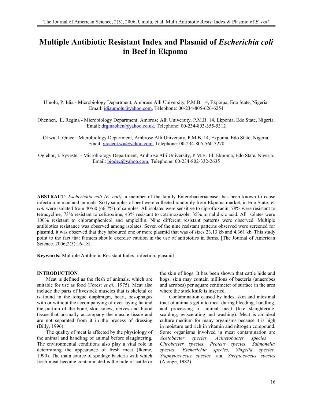 Multiple Antibiotic Resistant Index and Plasmid of Escherichia Coli in Beef in Ekpoma