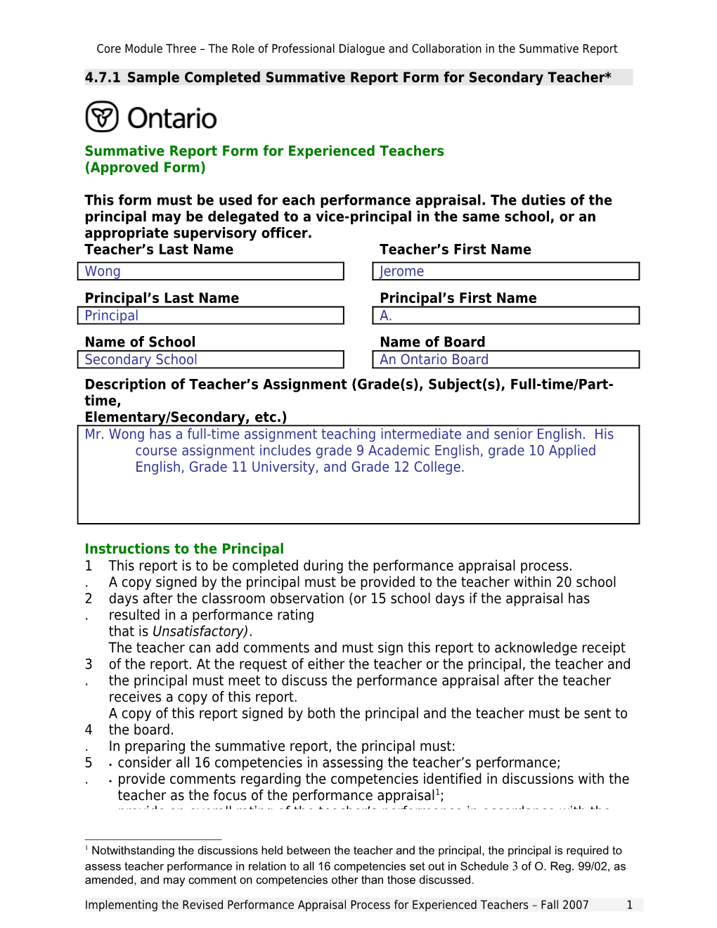 4.7.1Sample Completed Summative Report Form for Secondary Teacher*