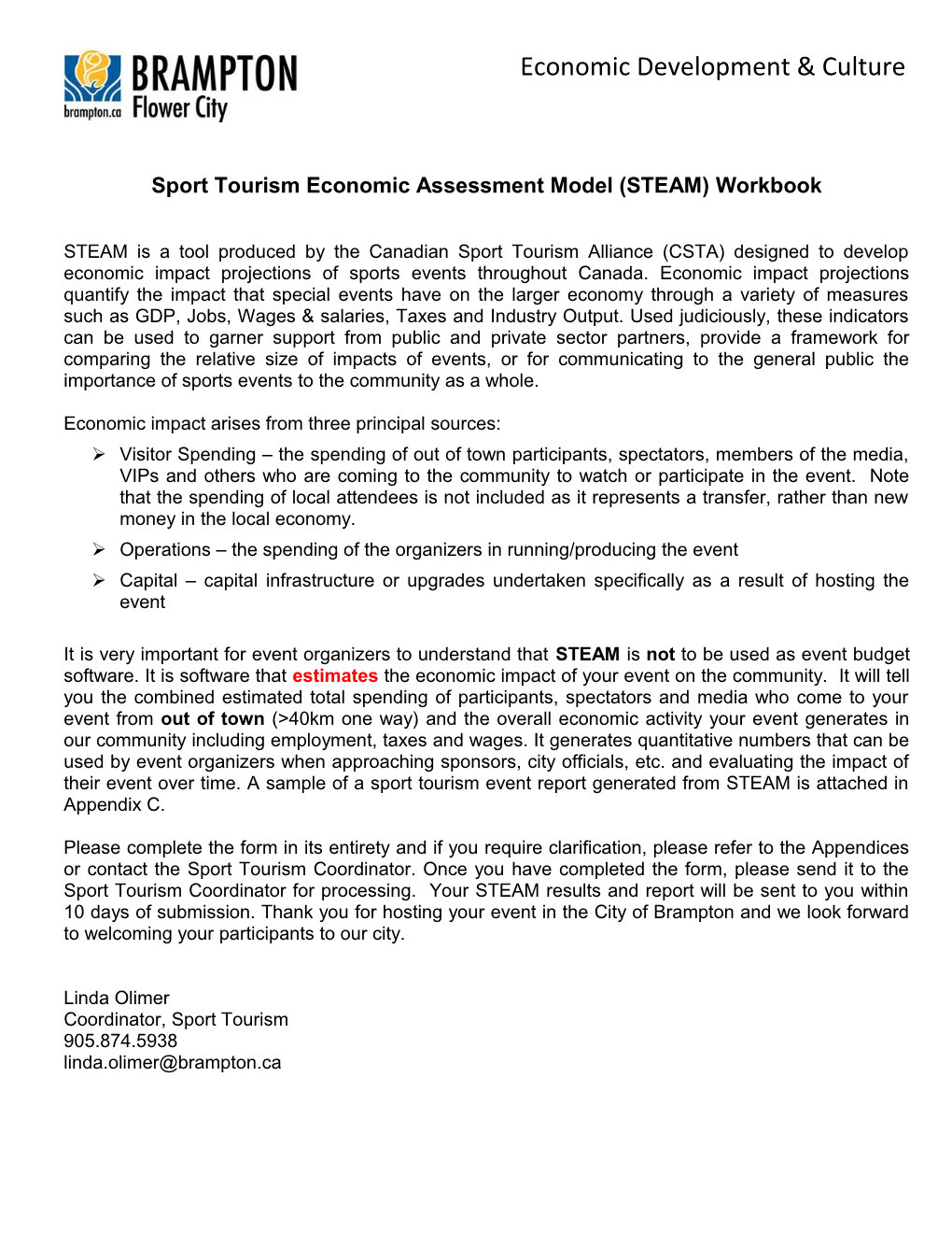 Sport Tourism Economic Assessment Model (STEAM) Workbook