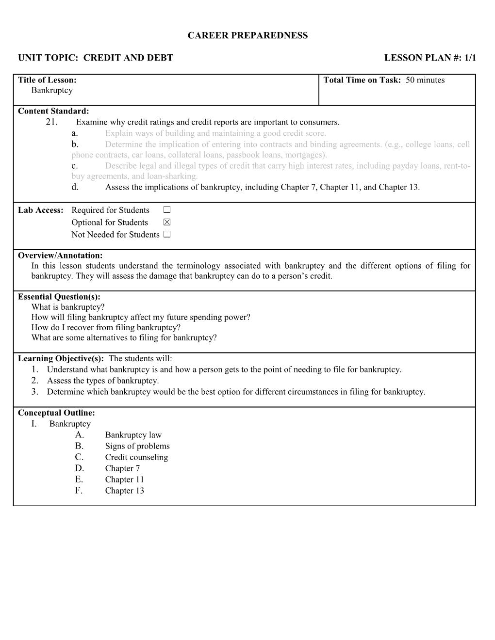 Unit Topic: Credit and Debtlesson Plan #:1/1