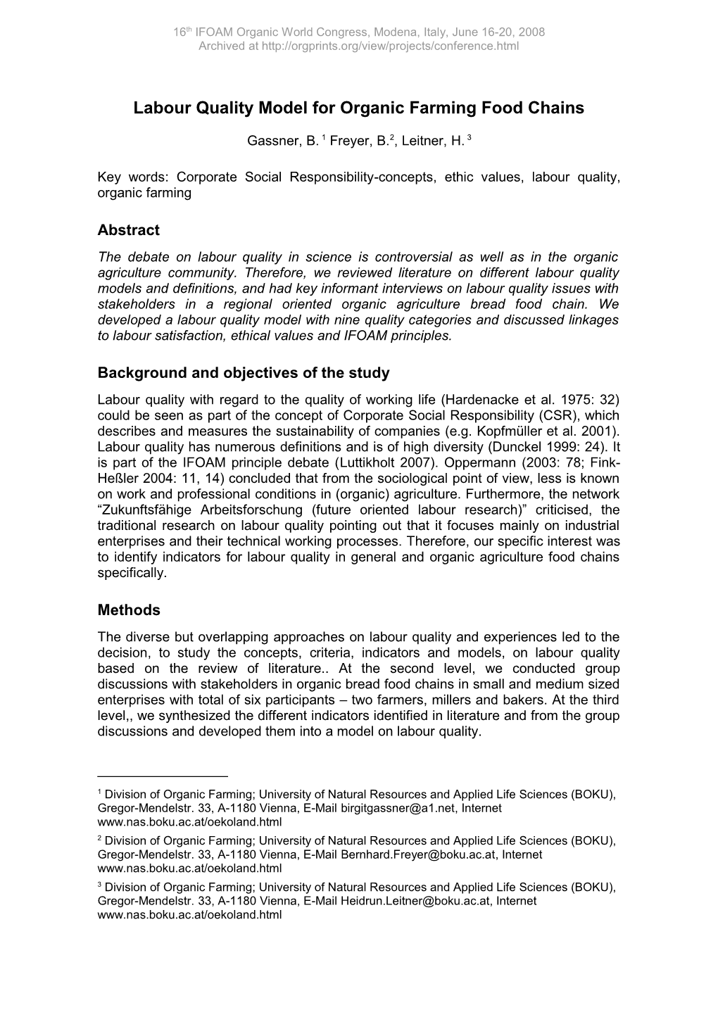 Labour Quality Model for Organic Farming Food Chains