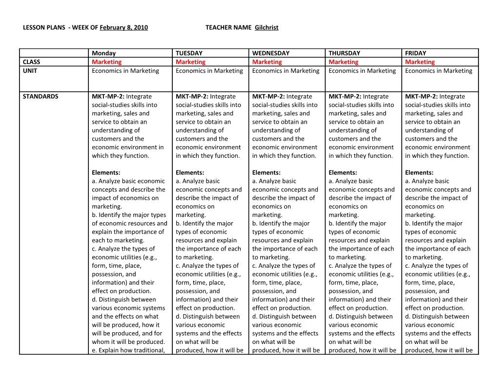 LESSON PLANS - WEEK of February 8, 2010 TEACHER NAME Gilchrist