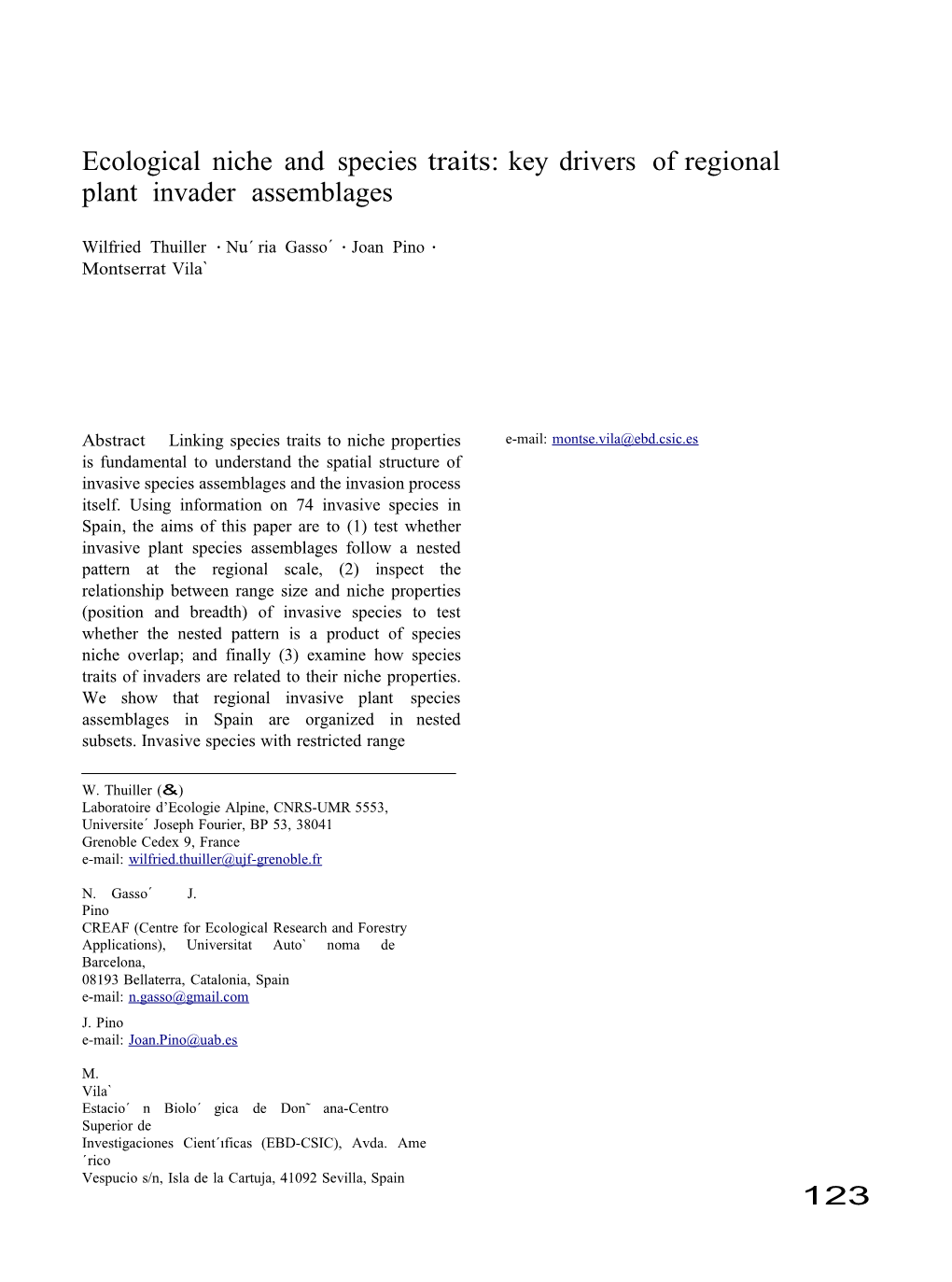 Ecologicalnicheandspeciestraits:Keydrivers Ofregional Plant Invader Assemblages