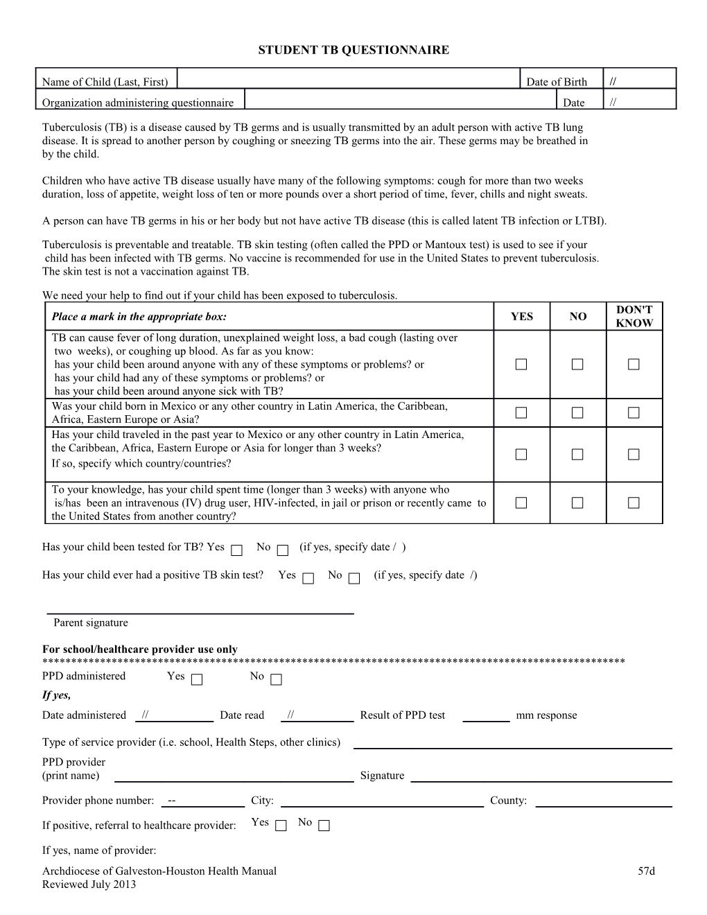 Student Tb Questionnaire