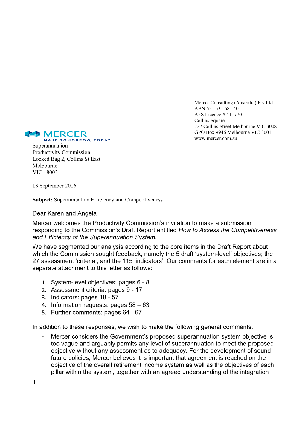 Submission DR104 - Mercer - Superannuation Competitiveness and Efficiency - Commissioned Study