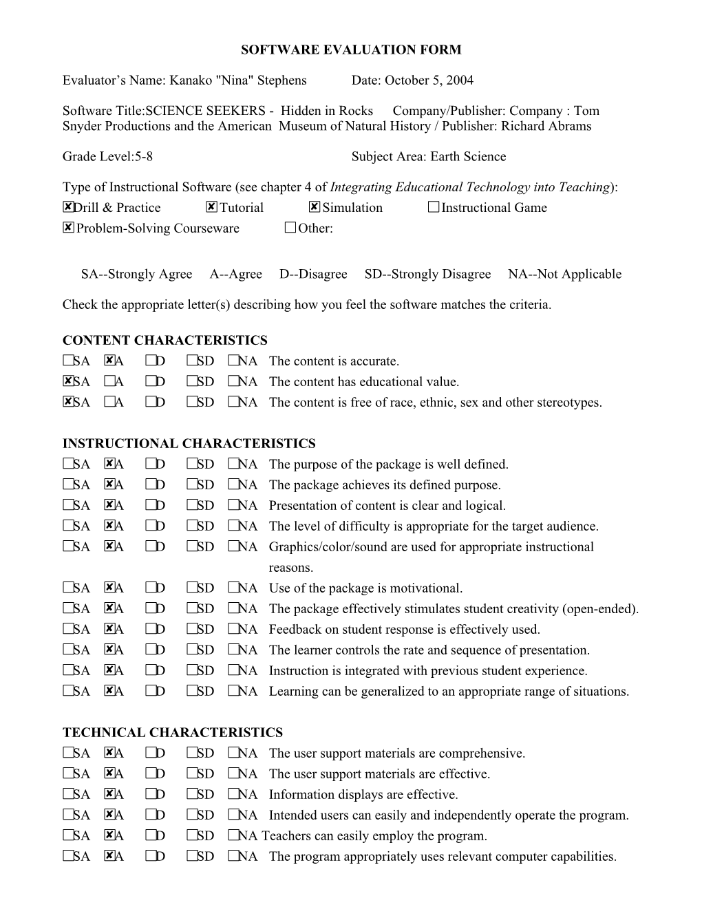 Software Evaluation Form