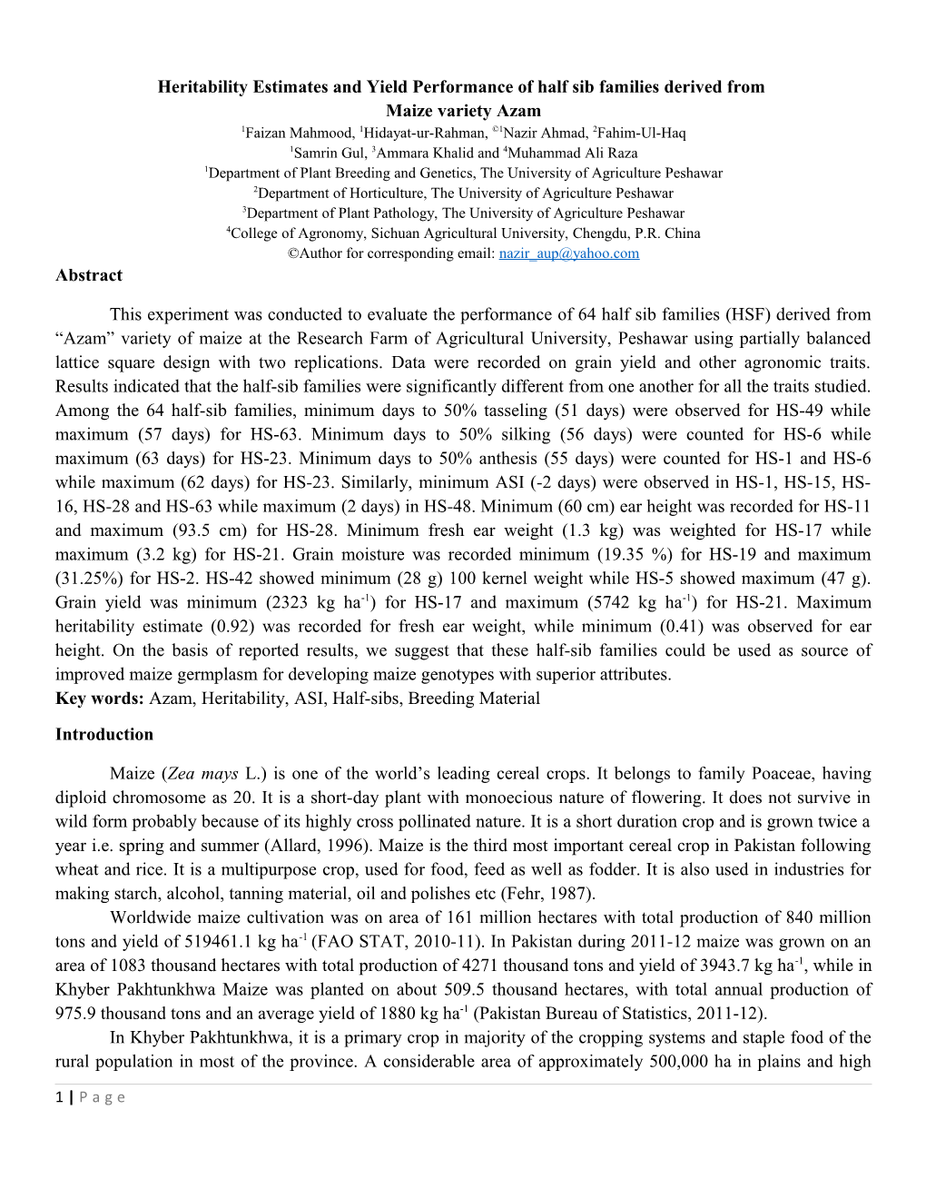 Heritability Estimates and Yield Performance of Half Sib Families Derived From