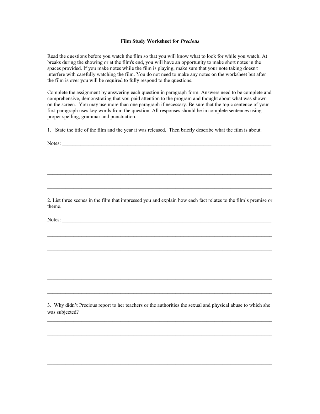 Film Study Worksheet for Precious