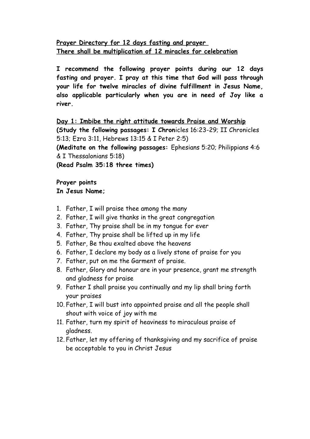Prayer Directory for 12 Days Fasting and Prayer