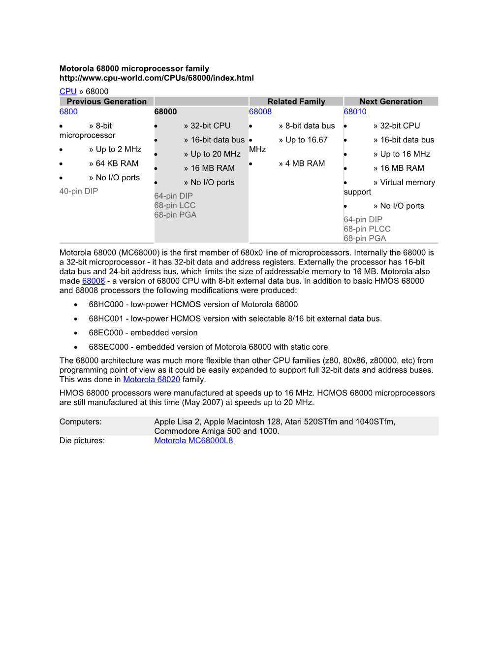 Motorola 68000 Microprocessor Family