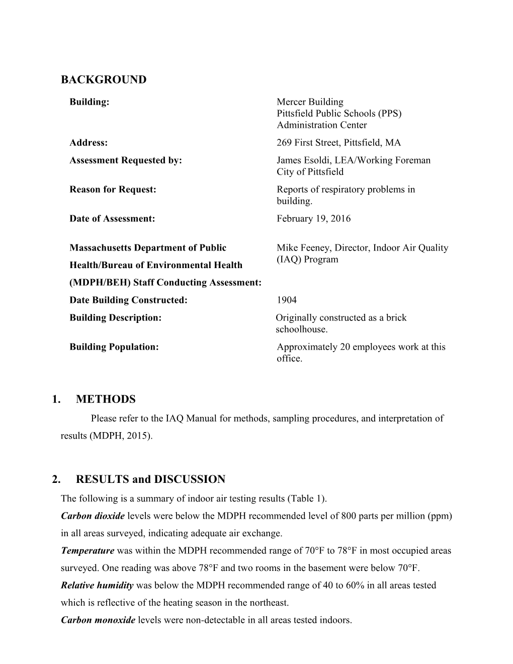 Indoor Air Quality Assessment - Mercer Administration Building, 269 First Street, Pittsfield