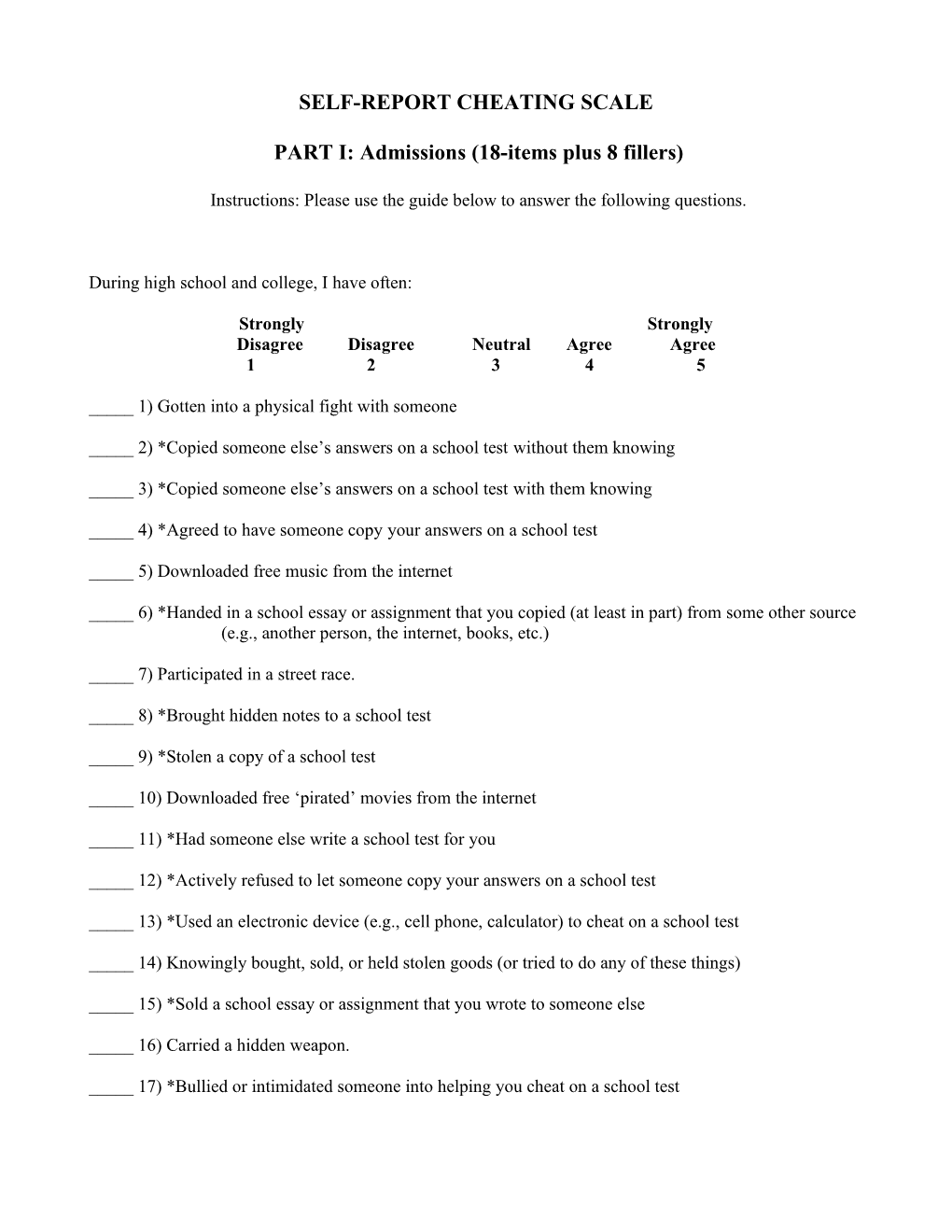 Reasons for Cheating Scale