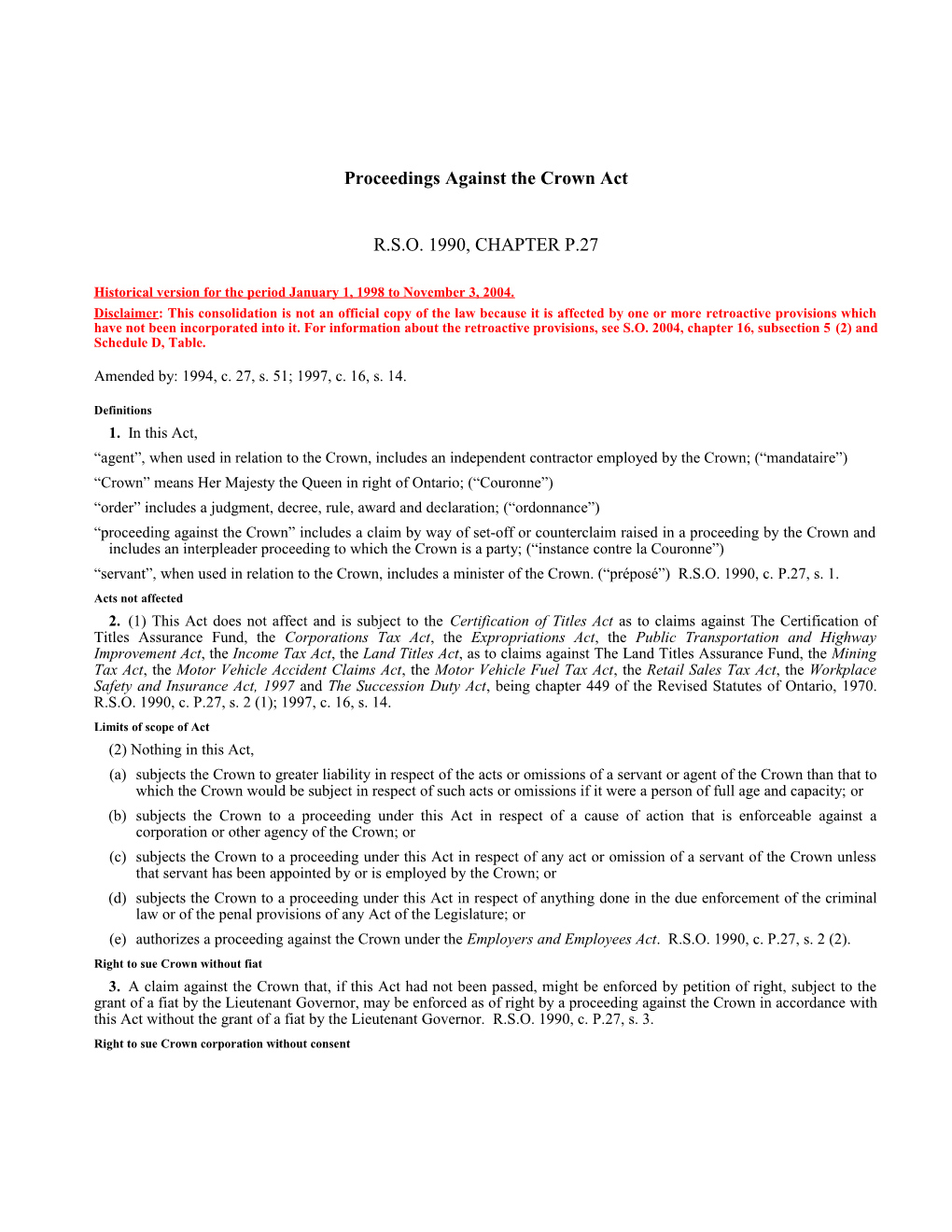 Proceedings Against the Crown Act, R.S.O. 1990, C. P.27