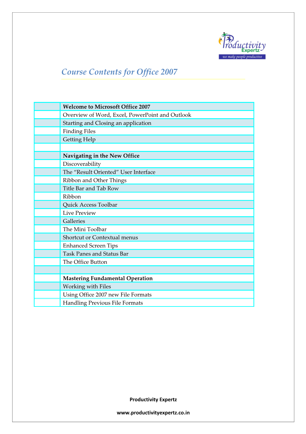 Course Contents for Office 2007