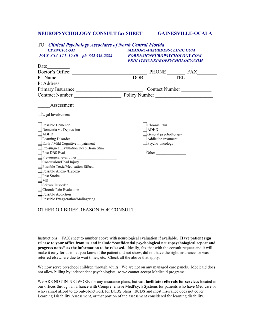 Neuropsychology Consult Sheet