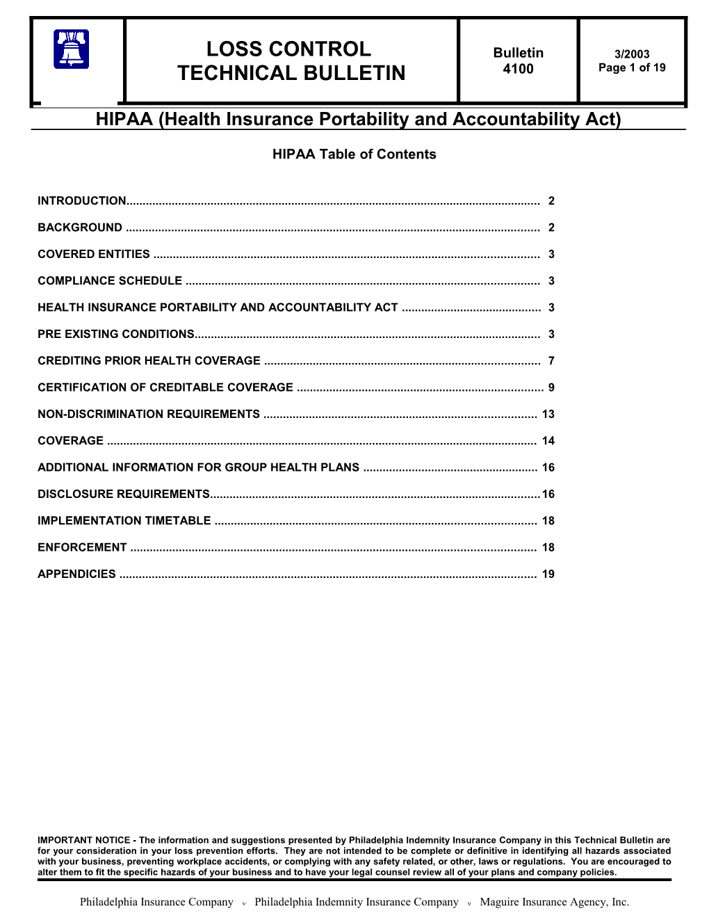 HIPAA Table of Contents