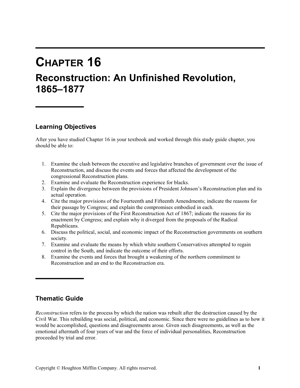 Reconstruction: an Unfinished Revolution, 1865 18771