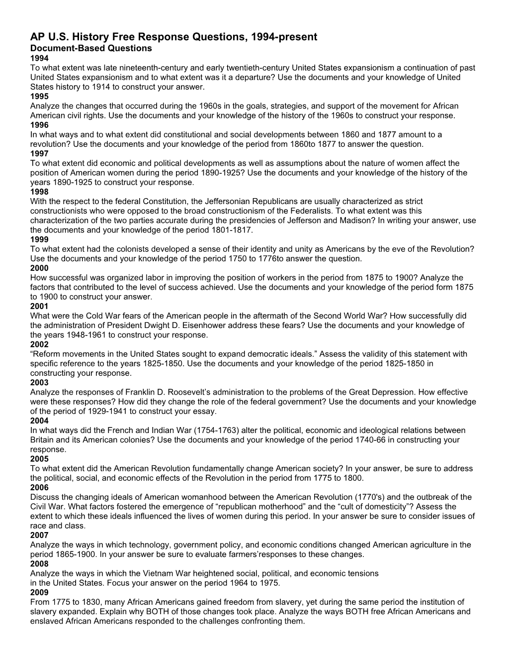 AP U.S. History Free Response Questions, 1994-Present