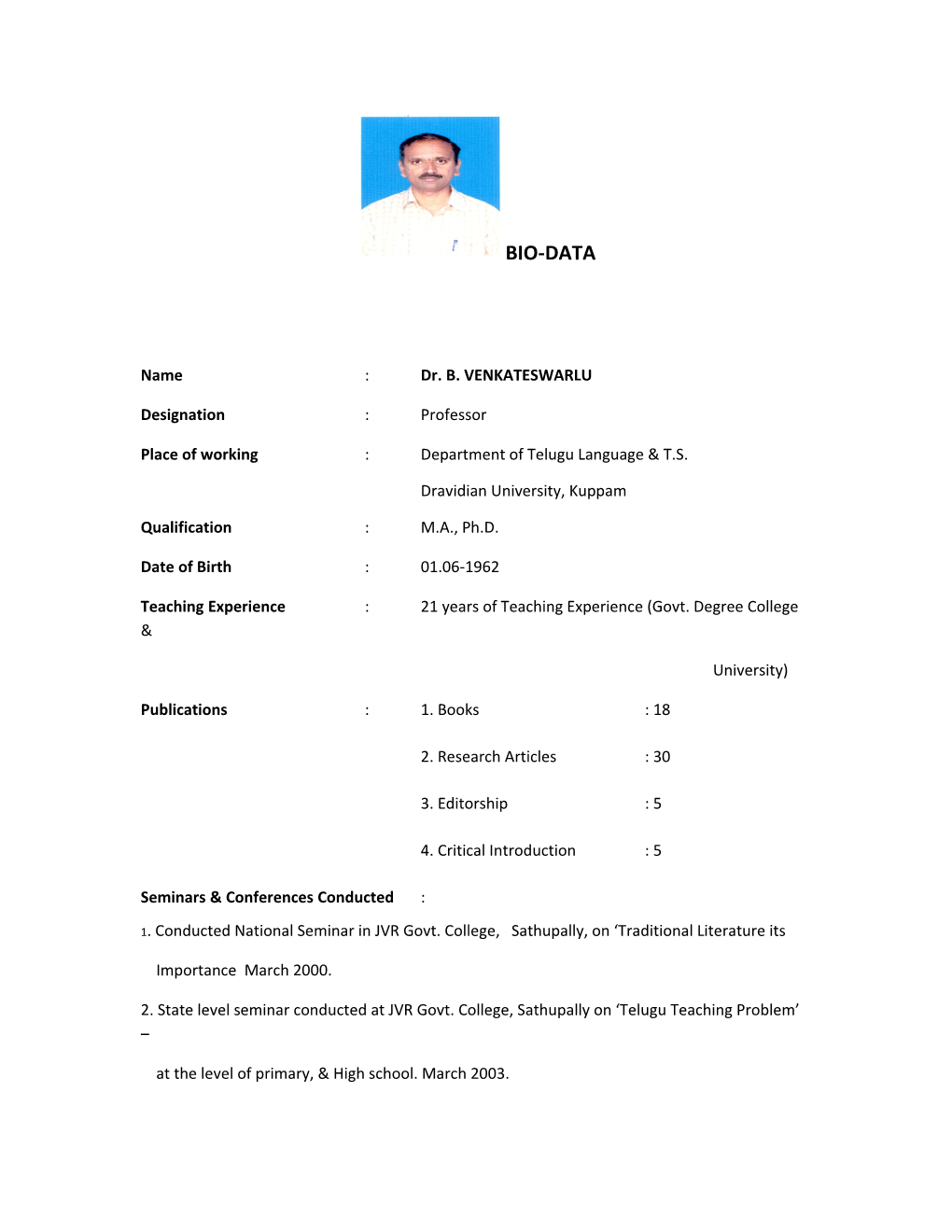 Name:Dr. B. VENKATESWARLU