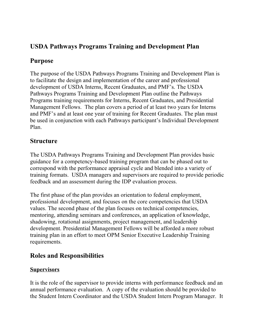 USDA Pathways Programs Training and Development Plan