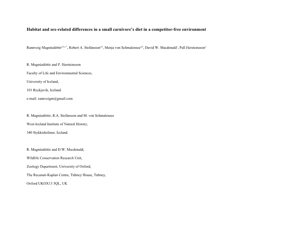 Habitat and Sex-Related Differences in a Small Carnivore S Diet in a Competitor-Free