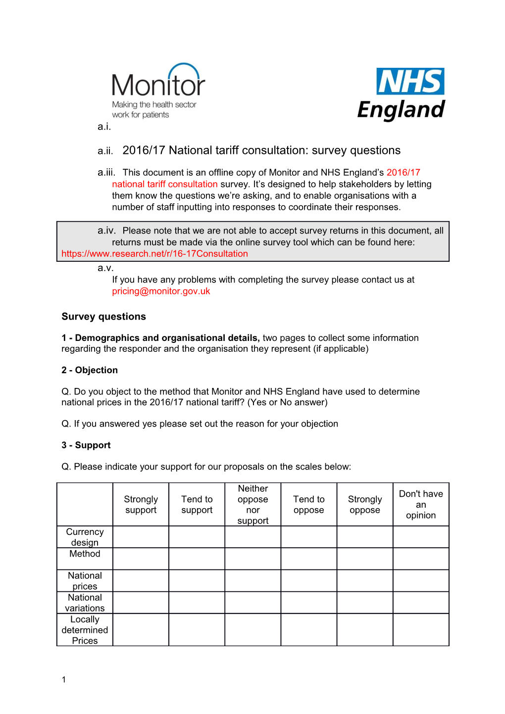 2016/17 National Tariff Consultation: Survey Questions