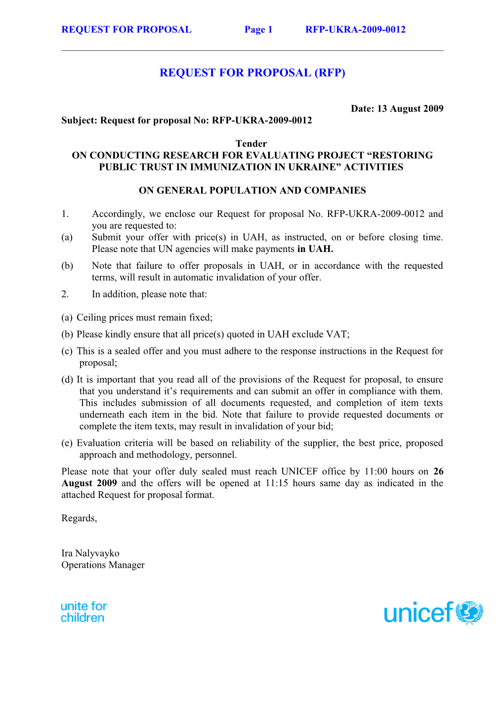 REQUEST for Proposalpage 1 RFP-UKRA-2009-0012