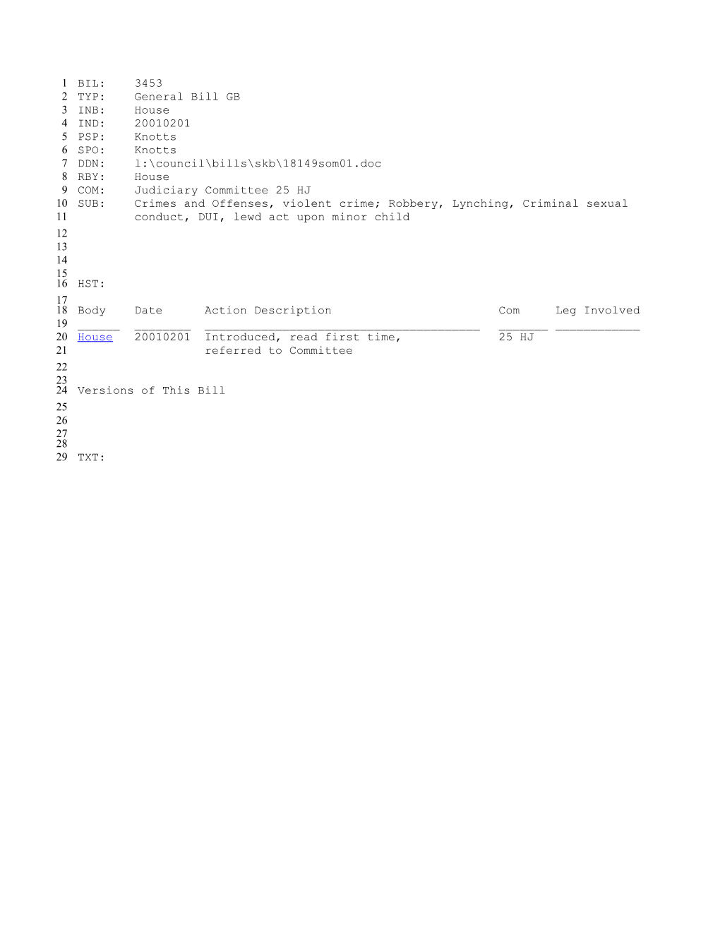 2001-2002 Bill 3453: Crimes and Offenses, Violent Crime; Robbery, Lynching, Criminal Sexual